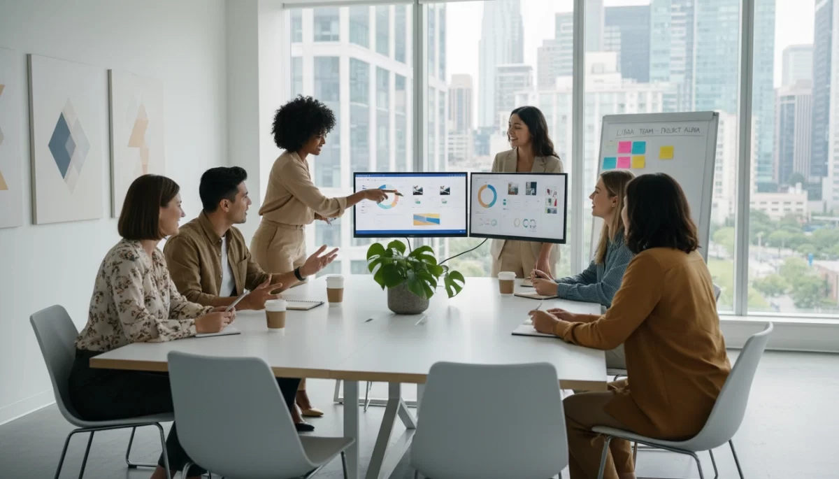 Team collaborating together with open discussion